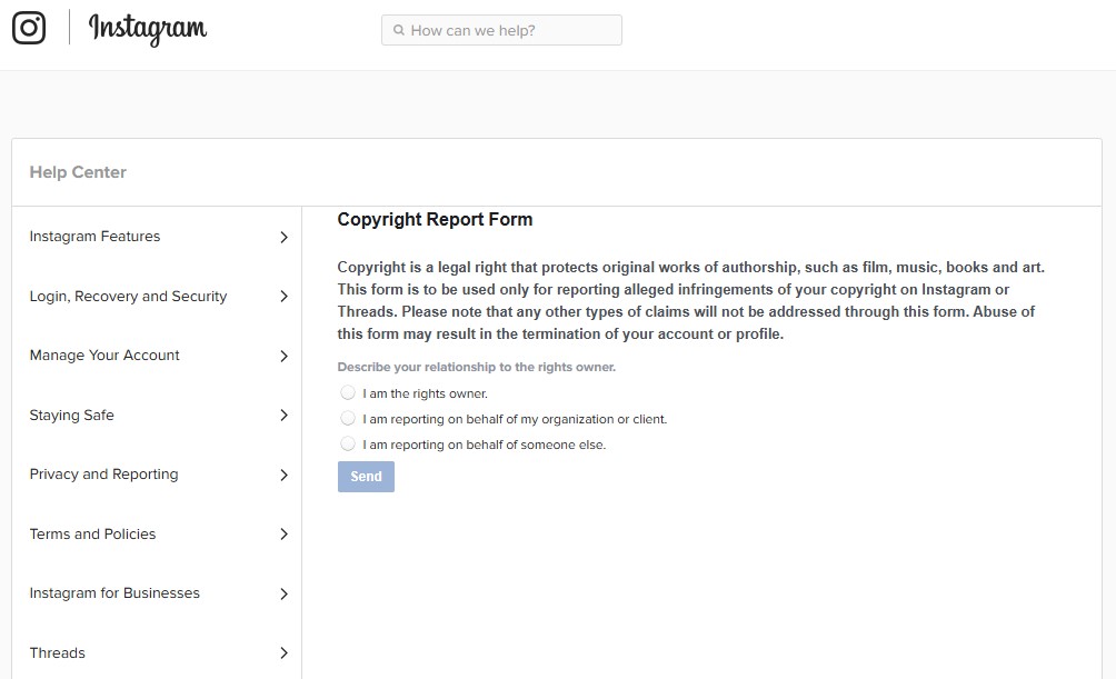 instagram copyright report form
